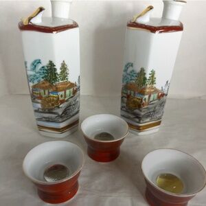 Vintage Japanese Whistling Sake Decanter and Magic Eye Erotic Sake Cups